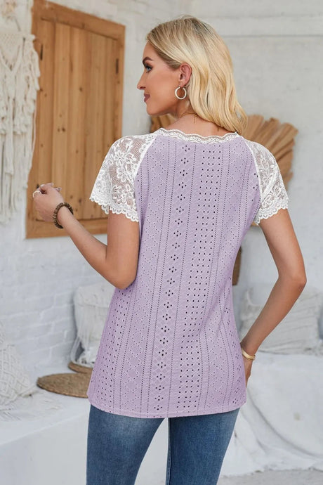 Eyelet V-Neck Lace Short Sleeve T-Shirt - V.I.P Digital Presence
