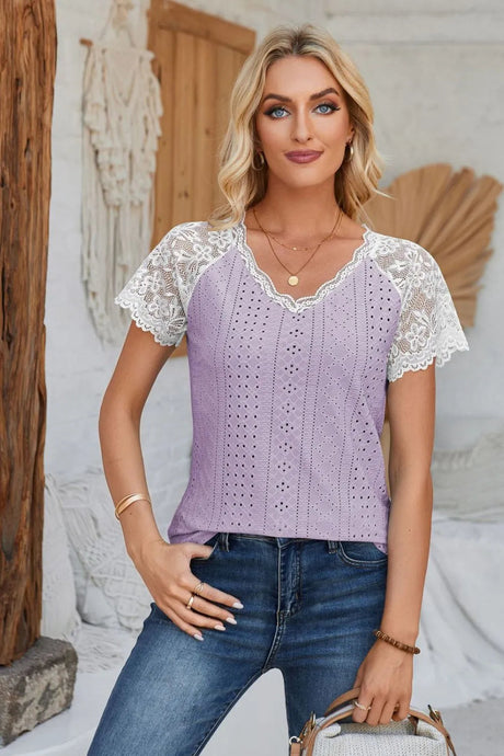 Eyelet V-Neck Lace Short Sleeve T-Shirt - V.I.P Digital Presence