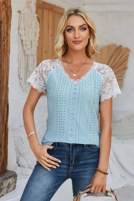 Eyelet V-Neck Lace Short Sleeve T-Shirt - V.I.P Digital Presence