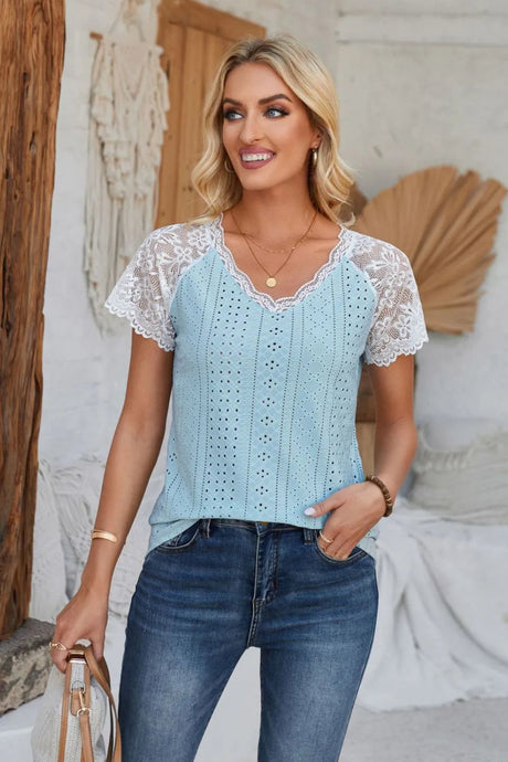 Eyelet V-Neck Lace Short Sleeve T-Shirt - V.I.P Digital Presence