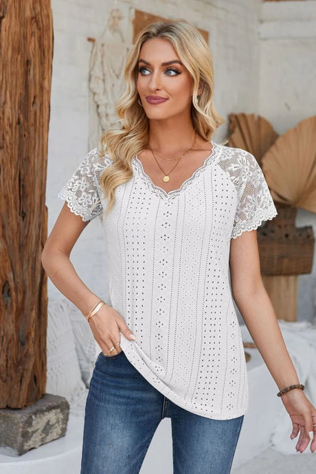Eyelet V-Neck Lace Short Sleeve T-Shirt - V.I.P Digital Presence