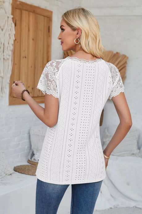 Eyelet V-Neck Lace Short Sleeve T-Shirt - V.I.P Digital Presence