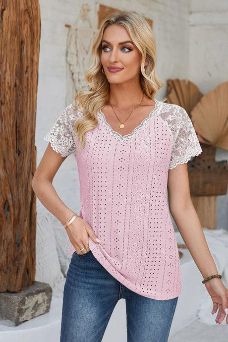 Eyelet V-Neck Lace Short Sleeve T-Shirt - V.I.P Digital Presence