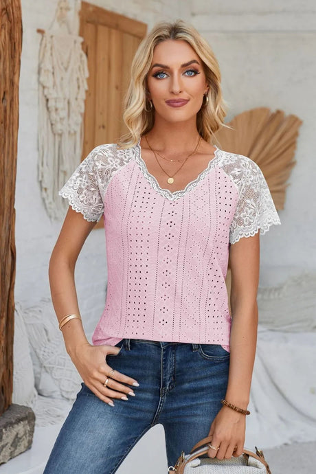 Eyelet V-Neck Lace Short Sleeve T-Shirt - V.I.P Digital Presence