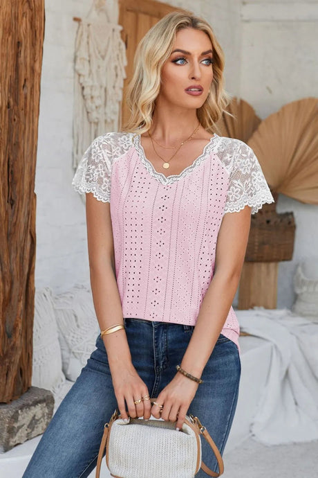 Eyelet V-Neck Lace Short Sleeve T-Shirt - V.I.P Digital Presence