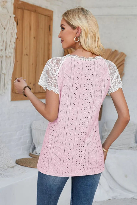 Eyelet V-Neck Lace Short Sleeve T-Shirt - V.I.P Digital Presence