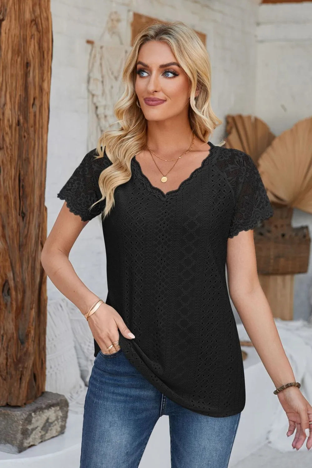 Eyelet V-Neck Lace Short Sleeve T-Shirt - V.I.P Digital Presence