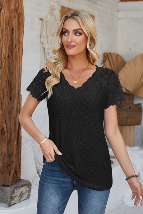 Eyelet V-Neck Lace Short Sleeve T-Shirt - V.I.P Digital Presence