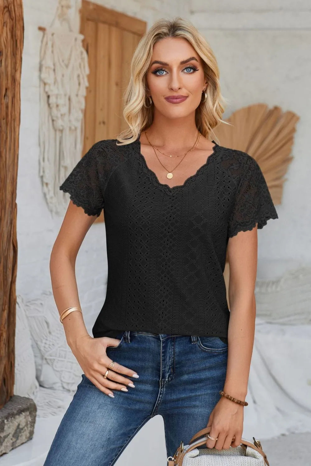 Eyelet V-Neck Lace Short Sleeve T-Shirt - V.I.P Digital Presence