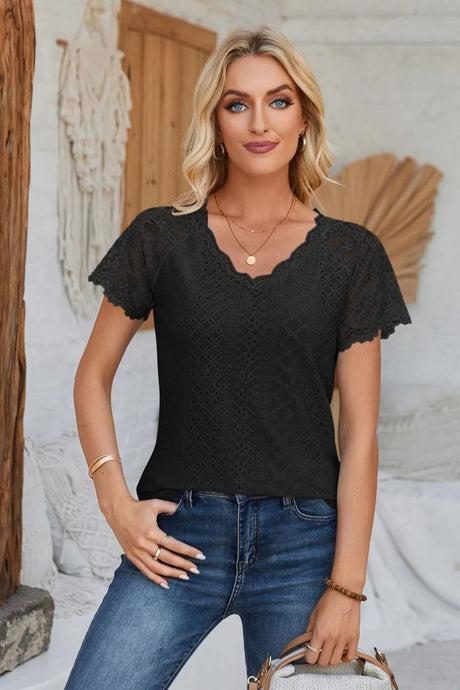 Eyelet V-Neck Lace Short Sleeve T-Shirt - V.I.P Digital Presence