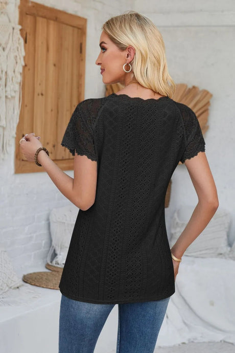 Eyelet V-Neck Lace Short Sleeve T-Shirt - V.I.P Digital Presence