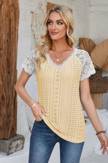 Eyelet V-Neck Lace Short Sleeve T-Shirt - V.I.P Digital Presence
