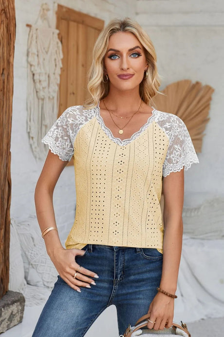 Eyelet V-Neck Lace Short Sleeve T-Shirt - V.I.P Digital Presence