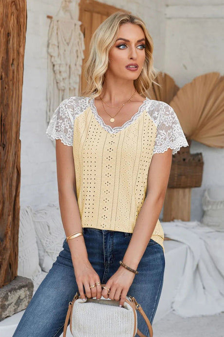 Eyelet V-Neck Lace Short Sleeve T-Shirt - V.I.P Digital Presence
