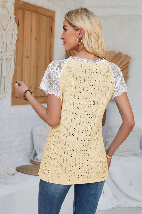 Eyelet V-Neck Lace Short Sleeve T-Shirt - V.I.P Digital Presence
