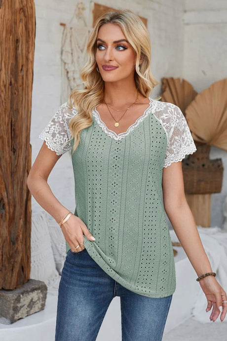 Eyelet V-Neck Lace Short Sleeve T-Shirt - V.I.P Digital Presence