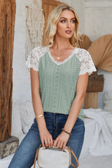 Eyelet V-Neck Lace Short Sleeve T-Shirt - V.I.P Digital Presence