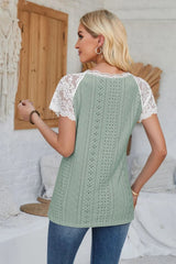 Eyelet V-Neck Lace Short Sleeve T-Shirt - V.I.P Digital Presence
