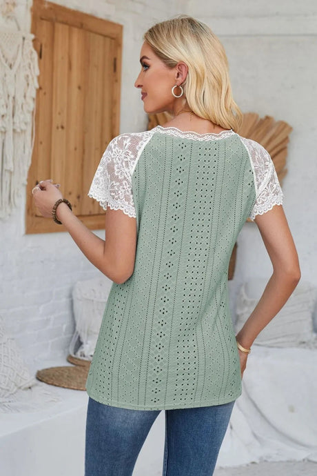 Eyelet V-Neck Lace Short Sleeve T-Shirt - V.I.P Digital Presence