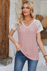 Eyelet V-Neck Lace Short Sleeve T-Shirt - V.I.P Digital Presence
