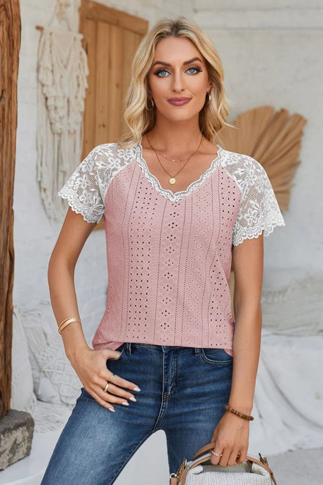 Eyelet V-Neck Lace Short Sleeve T-Shirt - V.I.P Digital Presence