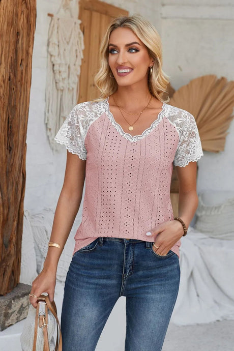 Eyelet V-Neck Lace Short Sleeve T-Shirt - V.I.P Digital Presence