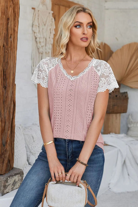 Eyelet V-Neck Lace Short Sleeve T-Shirt - V.I.P Digital Presence