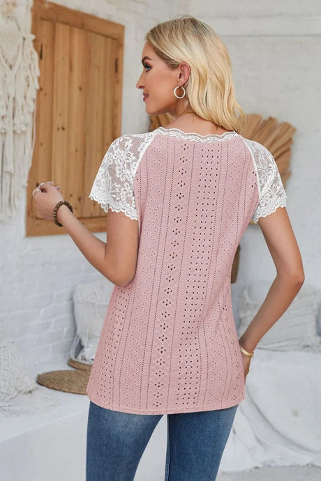 Eyelet V-Neck Lace Short Sleeve T-Shirt - V.I.P Digital Presence