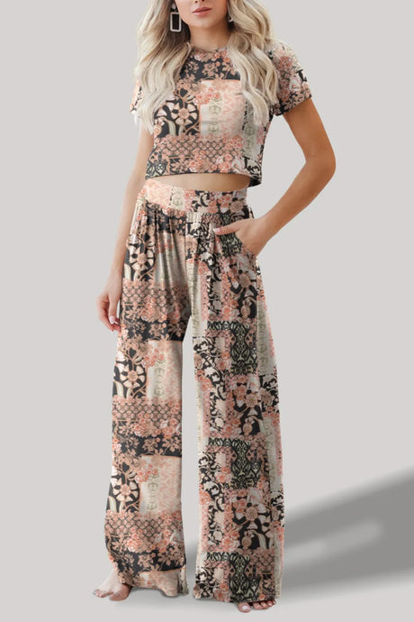 FAM-FAM Printed Round Neck Short Sleeve Top and Pants Set - V.I.P Digital Presence