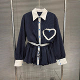 Fashion contrasting polo collar heart striped shirt top women's spring floral bud fluffy half skirt two-piece set - V.I.P Digital Presence