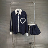 Fashion contrasting polo collar heart striped shirt top women's spring floral bud fluffy half skirt two-piece set - V.I.P Digital Presence