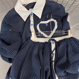 Fashion contrasting polo collar heart striped shirt top women's spring floral bud fluffy half skirt two-piece set - V.I.P Digital Presence