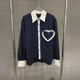 Fashion contrasting polo collar heart striped shirt top women's spring floral bud fluffy half skirt two-piece set - V.I.P Digital Presence