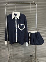 Fashion contrasting polo collar heart striped shirt top women's spring floral bud fluffy half skirt two-piece set - V.I.P Digital Presence