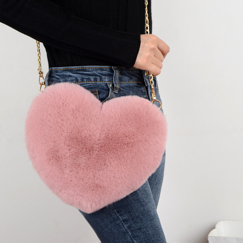 Fashion love heart bag peach heart bag women's chain messenger bag plush shoulder furry bag coin purse - V.I.P Digital Presence