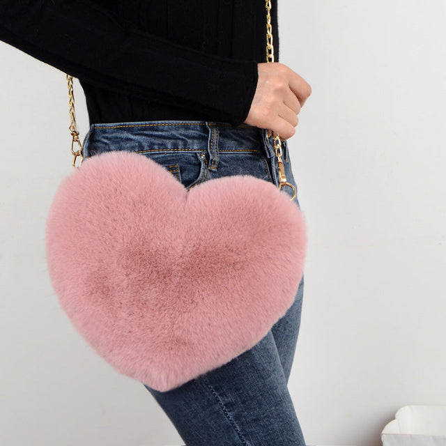 Fashion love heart bag peach heart bag women's chain messenger bag plush shoulder furry bag coin purse - V.I.P Digital Presence