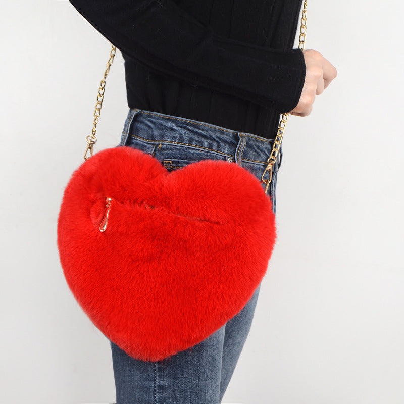 Fashion love heart bag peach heart bag women's chain messenger bag plush shoulder furry bag coin purse - V.I.P Digital Presence