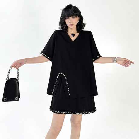 Fashion Set V-neck Solid Color Shoulder Pad T-shirt+Elastic Waist Short Skirt - V.I.P Digital Presence