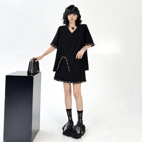 Fashion Set V-neck Solid Color Shoulder Pad T-shirt+Elastic Waist Short Skirt - V.I.P Digital Presence