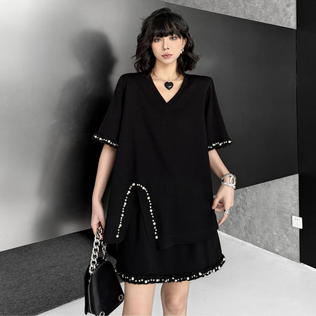 Fashion Set V-neck Solid Color Shoulder Pad T-shirt+Elastic Waist Short Skirt - V.I.P Digital Presence