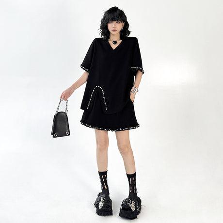 Fashion Set V-neck Solid Color Shoulder Pad T-shirt+Elastic Waist Short Skirt - V.I.P Digital Presence