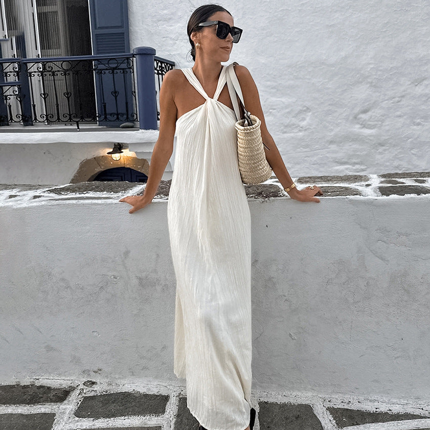 Fashionable and versatile design dress simple sleeveless off shoulder slim fit white long skirt for women - V.I.P Digital Presence