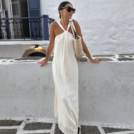 Fashionable and versatile design dress simple sleeveless off shoulder slim fit white long skirt for women - V.I.P Digital Presence