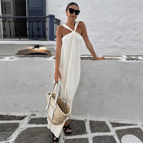Fashionable and versatile design dress simple sleeveless off shoulder slim fit white long skirt for women - V.I.P Digital Presence