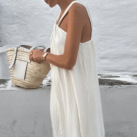 Fashionable and versatile design dress simple sleeveless off shoulder slim fit white long skirt for women - V.I.P Digital Presence