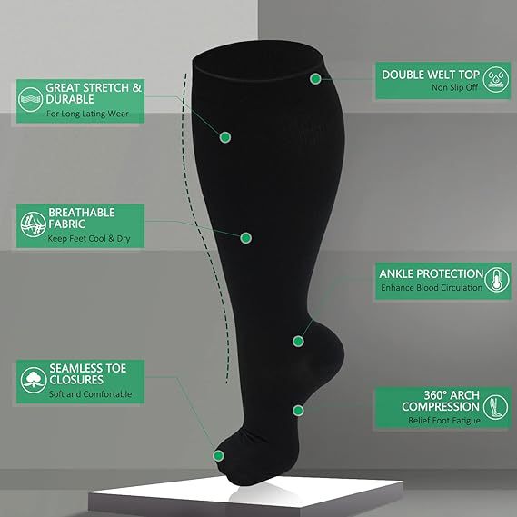 Fat and enlarged black fat compression socks super wide calf and knee length socks men's and women's pressure socks 2XL-7XL - V.I.P Digital Presence