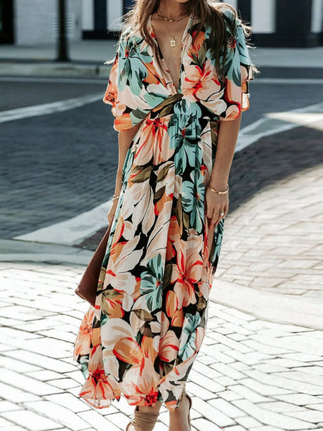 Floral Plunge Half Sleeve Dress - V.I.P Digital Presence