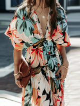 Floral Plunge Half Sleeve Dress - V.I.P Digital Presence