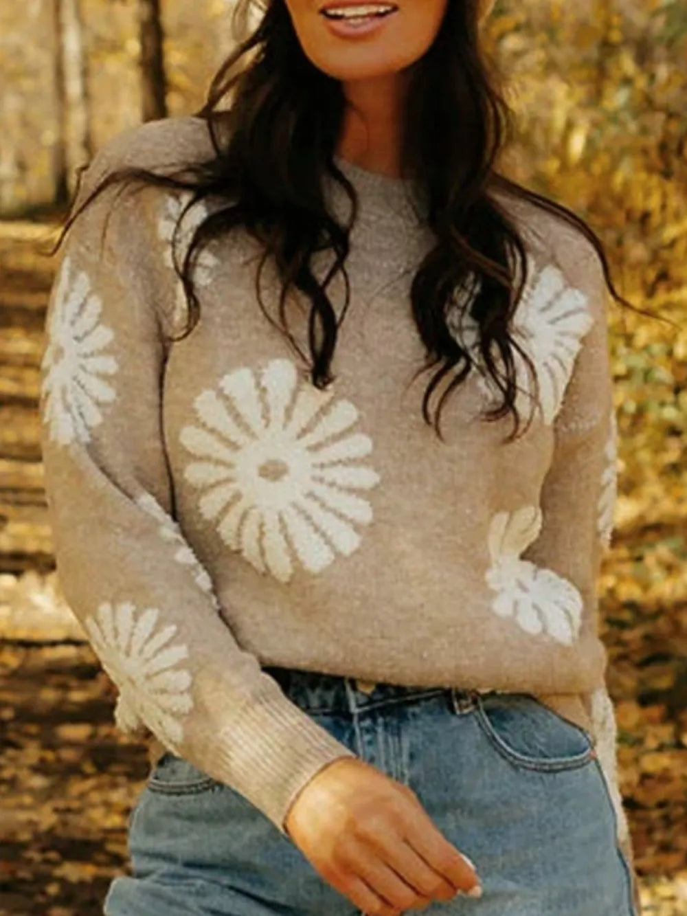 Flower Round Neck Long Sleeve Sweater - V.I.P Digital Presence