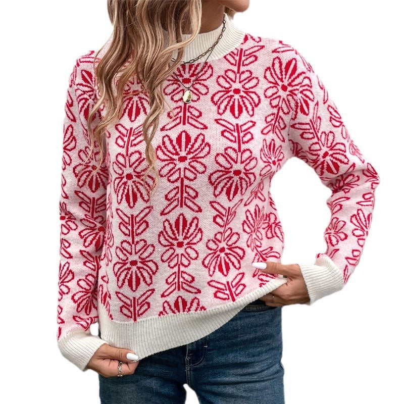Flower Round Neck Long Sleeve Sweater - V.I.P Digital Presence